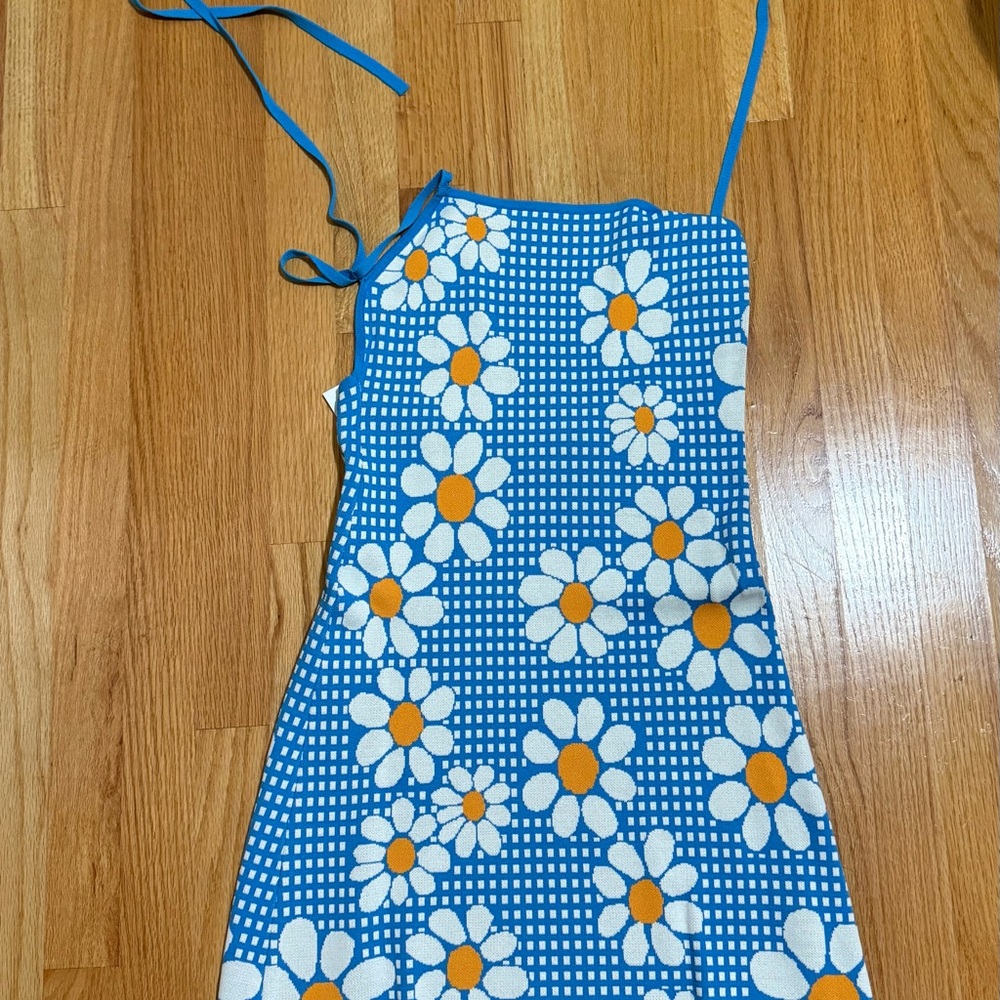 NWT Zara Blue and White Floral Gingham Mini Dress